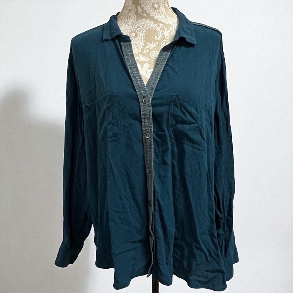 Rock & Republic Women’s Blouse XL Teal Blue Button Front Long Sleeve Rayon Shirt